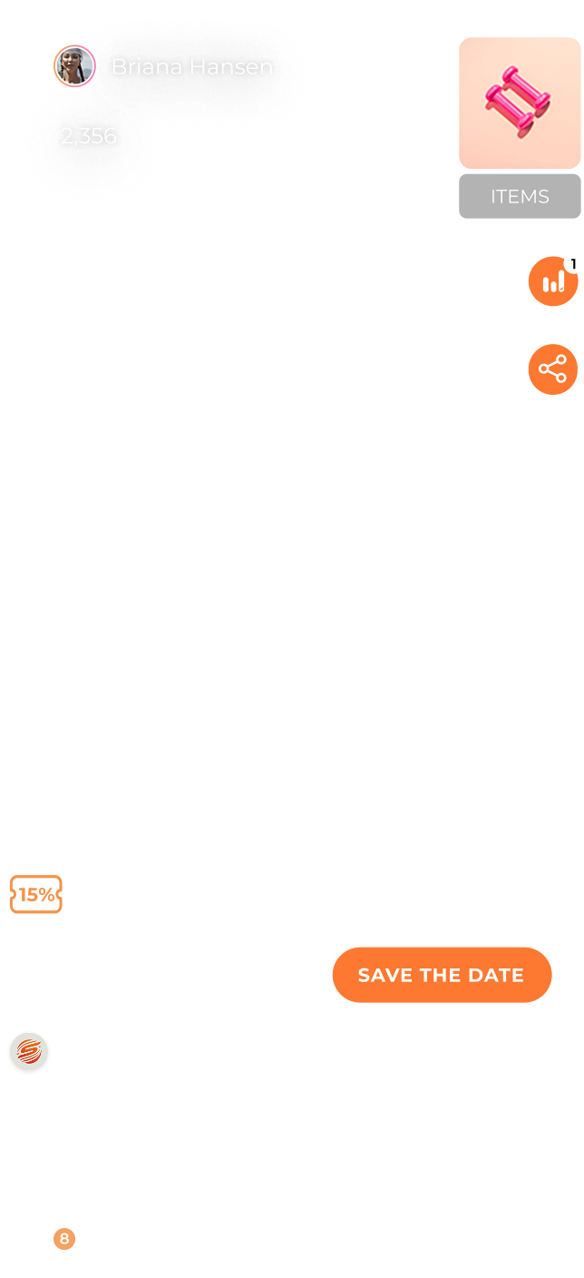 Live fitness event hosted by Briana Hansen with 2,356 views, offering 15% off all items during the live session and a countdown timer to the event start. Includes save the date button, active pulse logo, and description of live demonstrations, exclusive discounts, and real-time fitness Q&A.